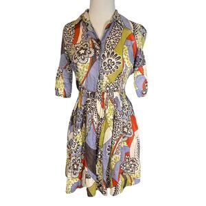 Imperial Italy Cotton Retro Print Dress Small Elastic Waist Zip Lined 3/4 Sleeve